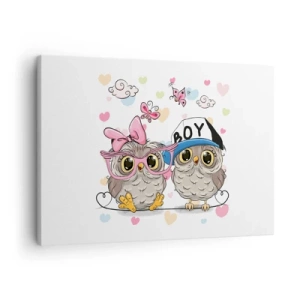 Impression sur toile - Image sur toile - Deux adorables hiboux entourés de cœurs - 70x50cm - On s'aime! - Décoration murale moderne pour le salon et la chambre ARTTOR
