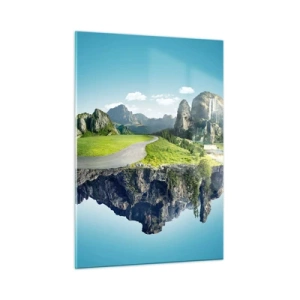 Impression sur verre - Image sur verre - Une île flottante avec des montagnes, une cascade et de la verdure - 50x70cm - Île fantastique - Décoration murale moderne pour le salon et la chambre ARTTOR