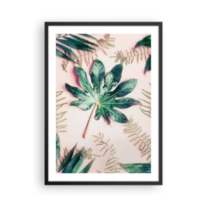 Affiche dans un cadre noir - Poster - Feuilles de différentes nuances de vert sur fond rose - 50x70cm - Étude de verdure sur fond rose - Décoration murale moderne pour le salon et la chambre ARTTOR