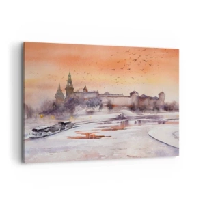 Impression sur toile - Image sur toile - Coucher de soleil sur le château dans un paysage hivernal - 100x70cm - Coucher de soleil royal - Décoration murale moderne pour le salon et la chambre ARTTOR