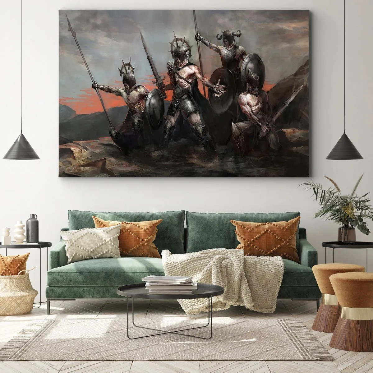 Impression sur toile - Image sur toile - Un groupe de guerriers en armure avec des lances sur fond de coucher de soleil - 100x70cm - Avec ou sur un bouclier - Décoration murale moderne pour le salon et la chambre ARTTOR