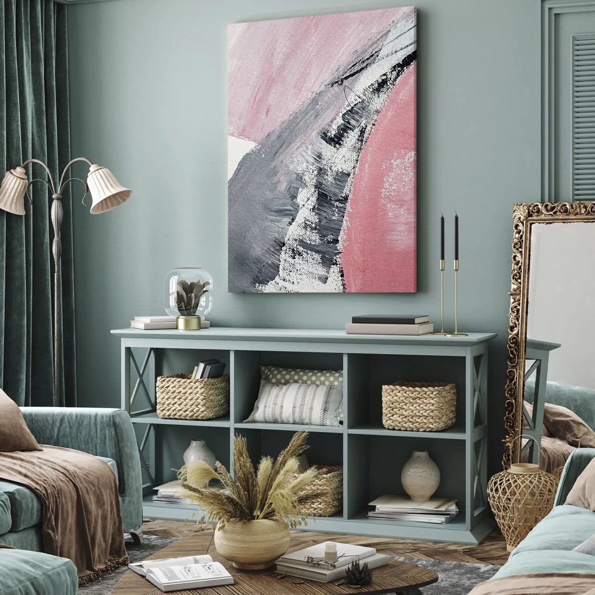 Impression sur toile - Image sur toile - Une composition abstraite dans les tons de rose et de gris. - 50x70cm - Composition assortie - Décoration murale moderne pour le salon et la chambre ARTTOR