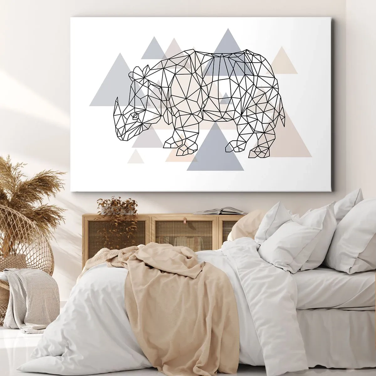 Impression sur toile - Image sur toile - Rhinocéros géométrique sur fond de triangles délicats - 70x50cm - Structure de force - Décoration murale moderne pour le salon et la chambre ARTTOR