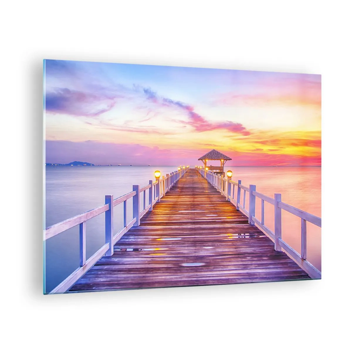 Impression sur verre - Image sur verre - Jetée en bois au coucher du soleil sur une mer calme - 70x50cm - Le silence lilas-doré du soir - Décoration murale moderne pour le salon et la chambre ARTTOR