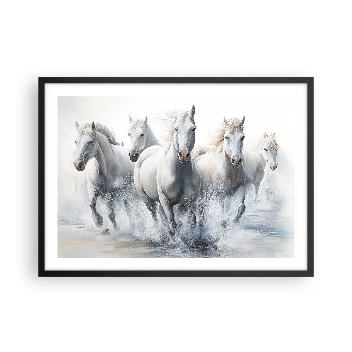 Affiche dans un cadre noir - Poster - Des chevaux blancs galopent dans l'eau - 70x50cm - Magie blanche - Décoration murale moderne pour le salon et la chambre ARTTOR