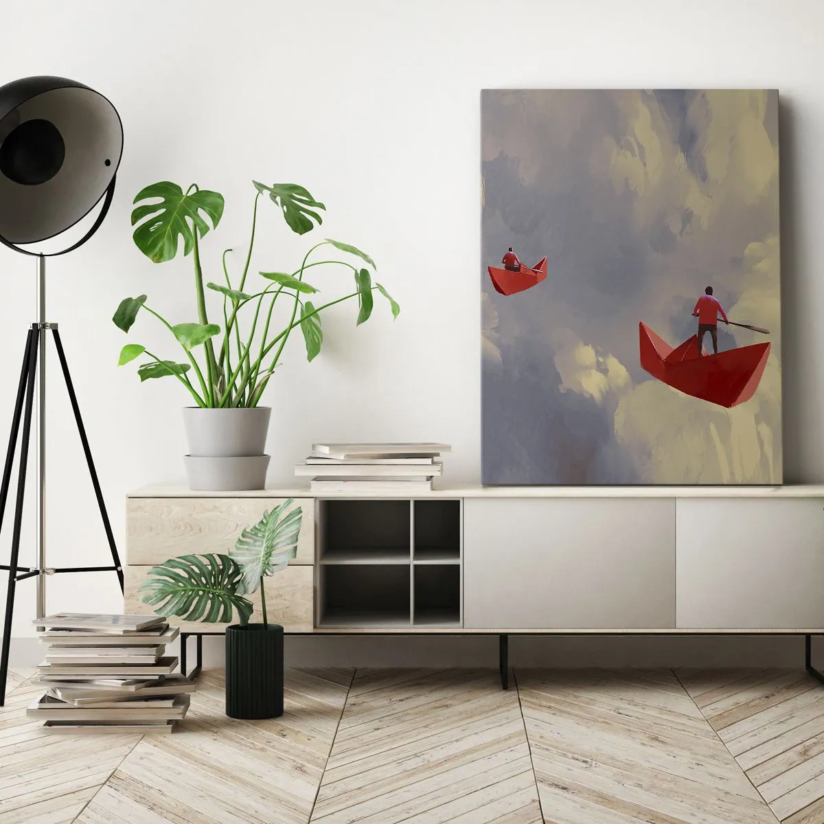 Impression sur toile - Image sur toile - Bateaux en papier rouges flottant dans les nuages - 50x70cm - Expédition des Rêveurs - Décoration murale moderne pour le salon et la chambre ARTTOR