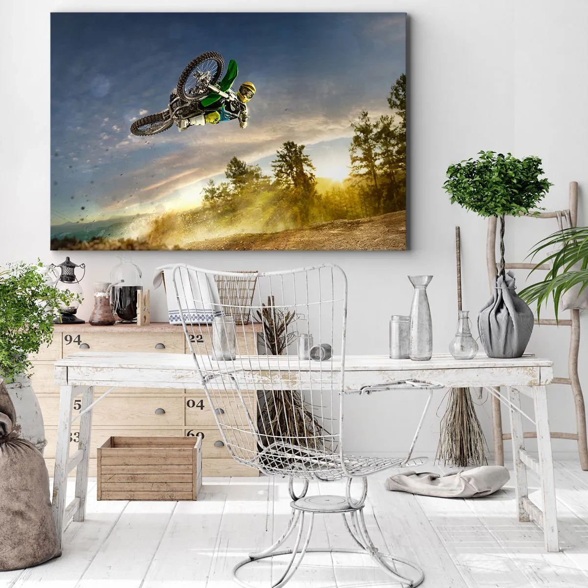 Impression sur toile - Image sur toile - Motocycliste dans un saut dynamique - 120x80cm - Activez les émotions ! - Décoration murale moderne pour le salon et la chambre ARTTOR