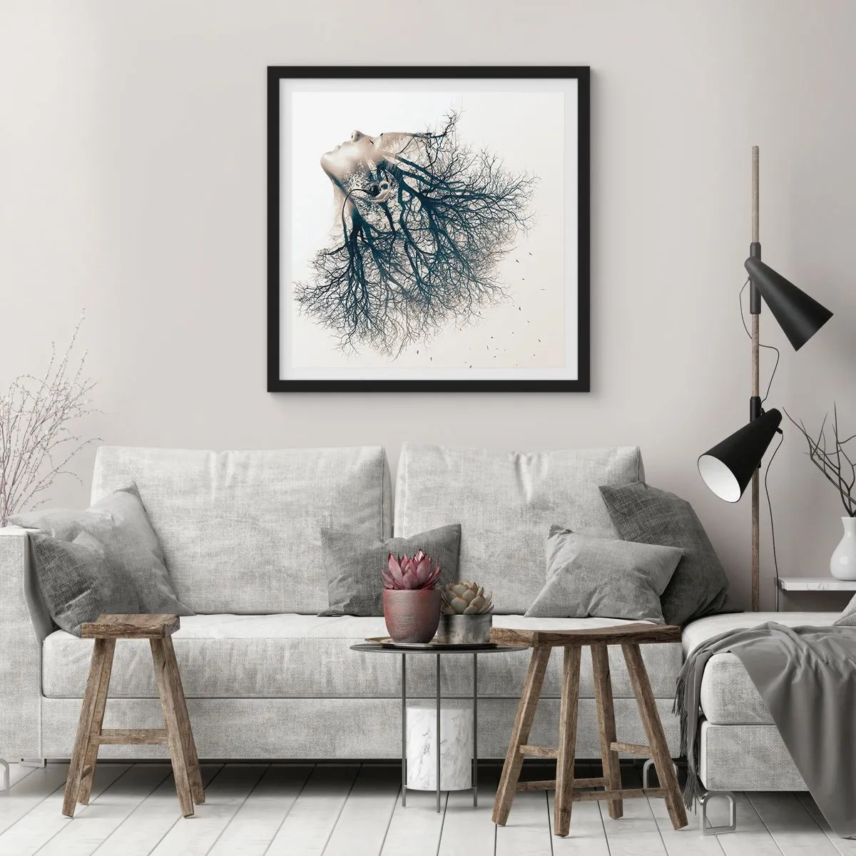 Affiche dans un cadre noir - Poster - Écouter le murmure des arbres - 60x60 cm