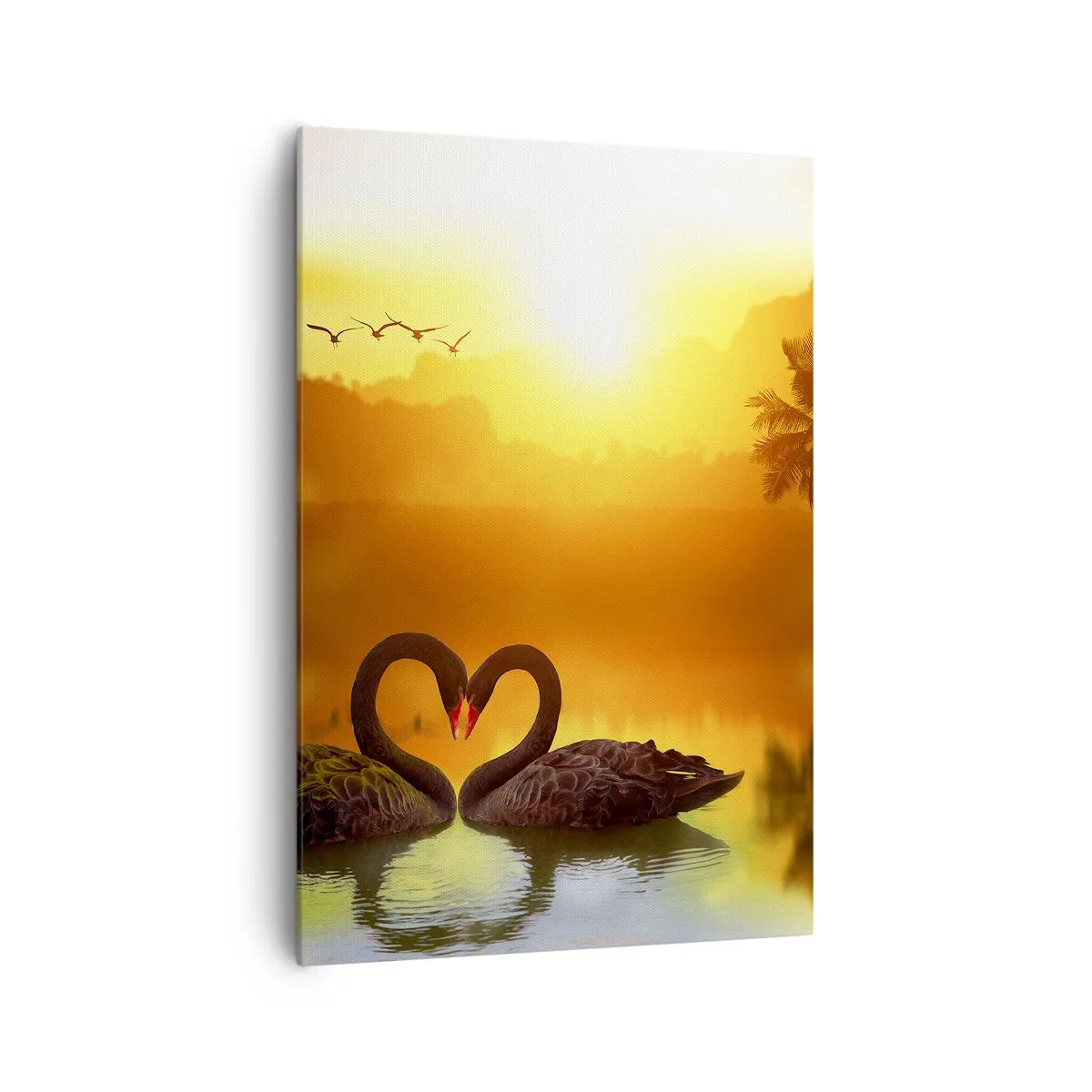 Impression sur toile - Image sur toile - Deux cygnes noirs formant un cœur sur fond de coucher de soleil sur un lac - 70x100cm - Tout va ensemble - Décoration murale moderne pour le salon et la chambre ARTTOR