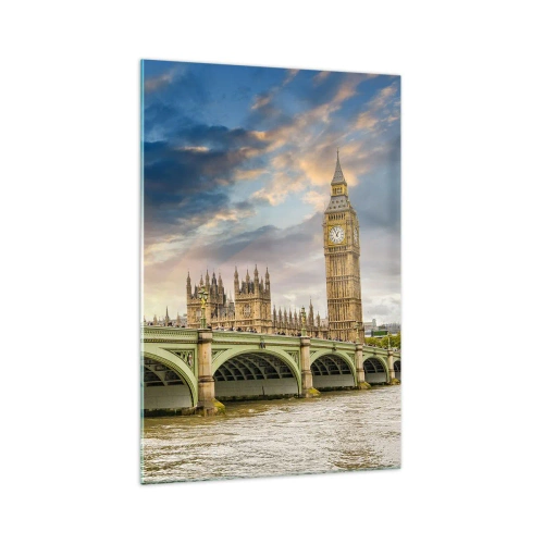 Impression sur verre - Image sur verre - Big Ben et le pont de Westminster contre le ciel au crépuscule - 70x100cm - Le temps s'est arrêté dans l'Empire - Décoration murale moderne pour le salon et la chambre ARTTOR