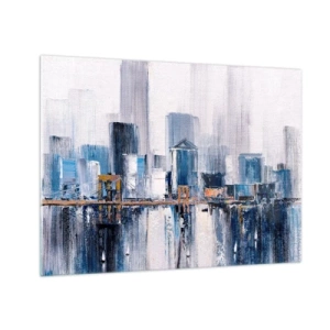 Impression sur verre - Image sur verre - Panorama abstrait de la ville avec des gratte-ciel et un pont aux couleurs froides - 70x50cm - Impression new-yorkaise - Décoration murale moderne pour le salon et la chambre ARTTOR