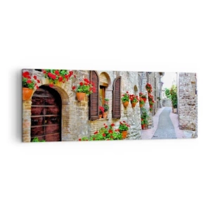 Impression sur toile - Image sur toile - Une rue étroite avec des bâtiments en pierre décorés de pots de fleurs - 140x50cm - Ambiance italienne - Décoration murale moderne pour le salon et la chambre ARTTOR