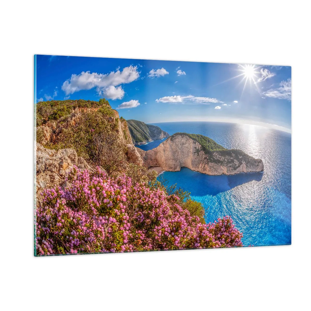 Impression sur verre - Image sur verre - Paysage grec avec falaises, mer et arbustes à fleurs - 120x80cm - Mes super vacances grecques - Décoration murale moderne pour le salon et la chambre ARTTOR