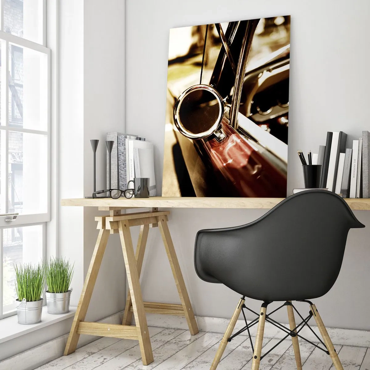 Impression sur verre - Image sur verre - Gros plan du miroir et de l'intérieur d'une voiture rétro classique - 80x120cm - Auto avec une âme - Décoration murale moderne pour le salon et la chambre ARTTOR