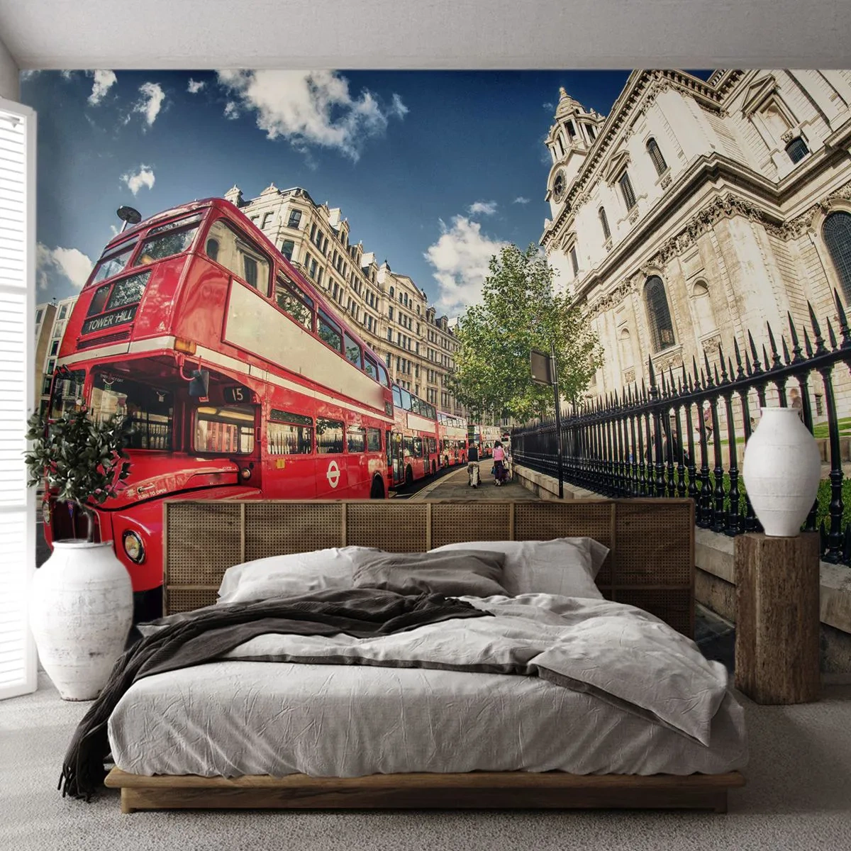 Papier Peint Photo Premium Sand - Rue de Londres en gris et rouge - Ville, Londres, Autobus rouge - 150x105 cm
