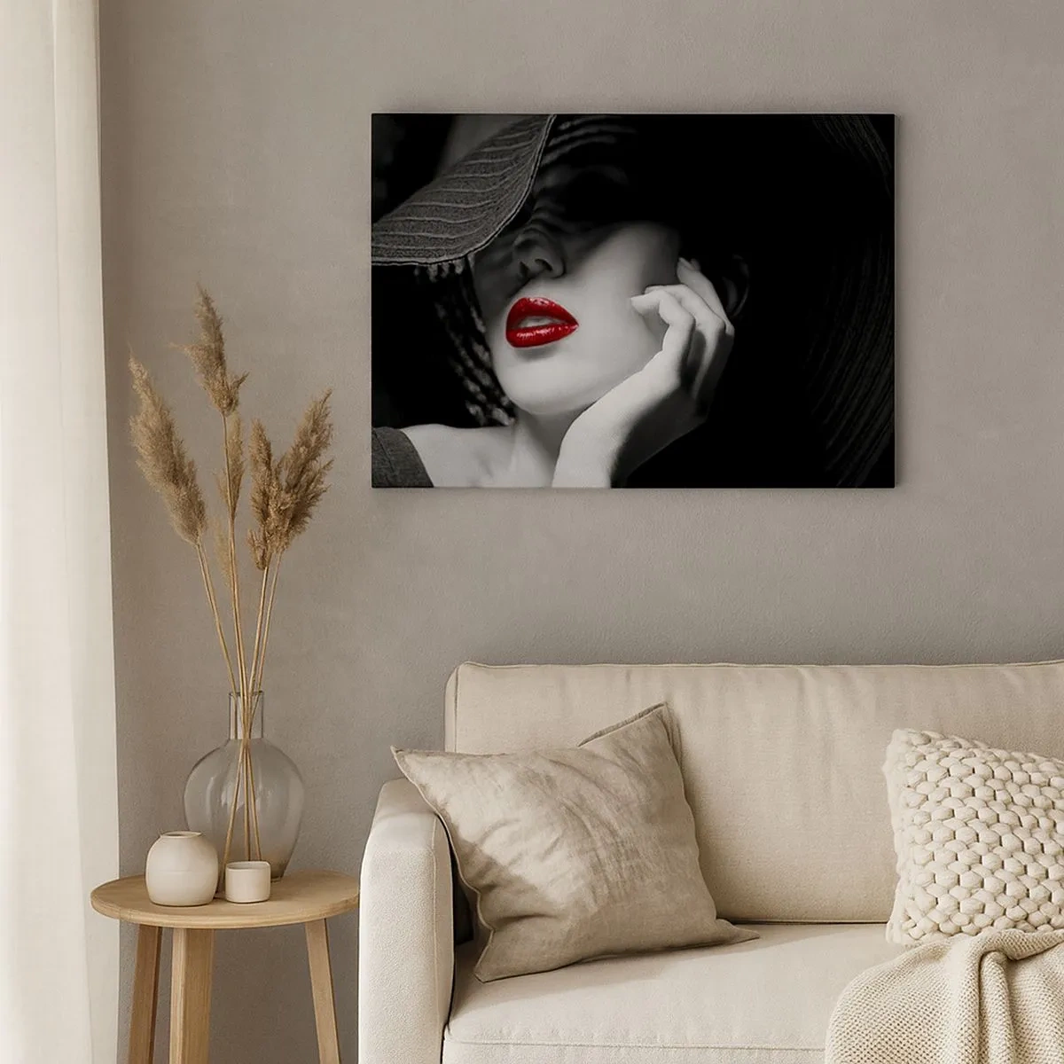 Impression sur toile - Image sur toile - Portrait noir et blanc d'une femme aux lèvres rouges - 70x50cm - Étude écarlate - Décoration murale moderne pour le salon et la chambre ARTTOR