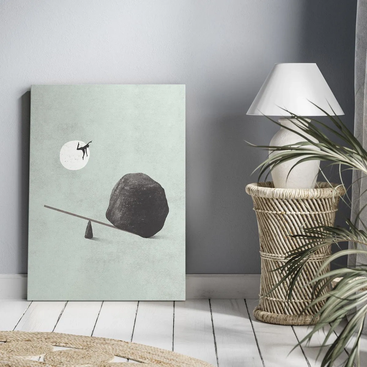 Impression sur toile - Image sur toile - Une scène symbolique avec une figure et un équilibre sur un ciel lumineux. - 50x70cm - Réalisation de ses rêves - Décoration murale moderne pour le salon et la chambre ARTTOR