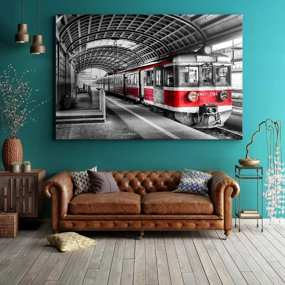 Impression sur toile - Image sur toile - Train rouge à la gare sous un toit - 100x70cm - C'est peut-être le voyage de votre vie ? - Décoration murale moderne pour le salon et la chambre ARTTOR