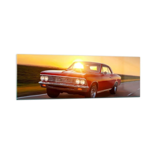 Impression sur verre - Image sur verre - Une voiture rouge au soleil couchant sur une route ouverte - 160x50cm - Le désir est de couleur rouge - Décoration murale moderne pour le salon et la chambre ARTTOR