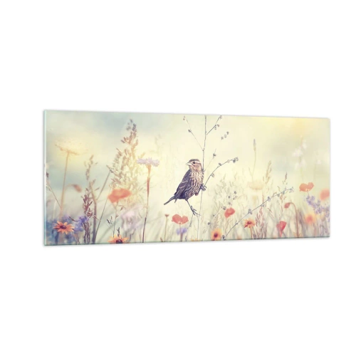 Impression sur verre - Image sur verre - Portrait d'oiseau sur pré en fond - 100x40 cm