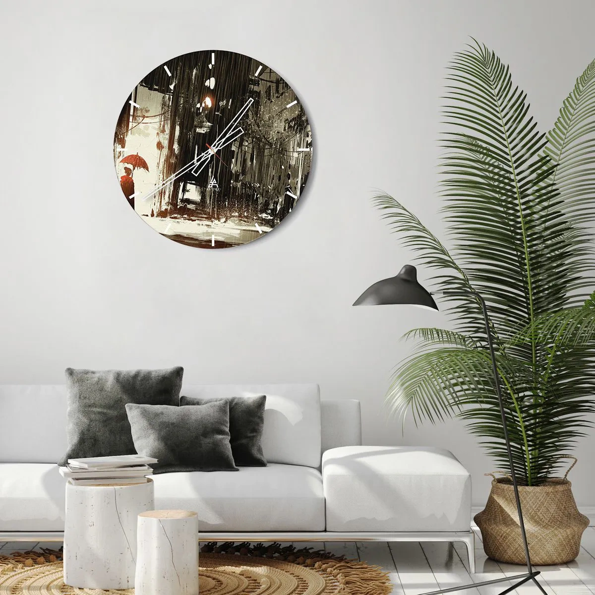 Horloge murale - Pendule murale - Une scène avec un parapluie dans une rue pluvieuse - 30x30cm - La poésie du parapluie rouge - Décoration murale moderne pour le salon, la cuisine et la chambre ARTTOR