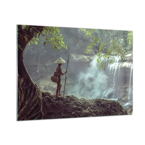 Impression sur verre - Image sur verre - Un garçon avec une lance près d'une cascade dans la forêt tropicale - 100x70cm - Lier d'amitié avec la nature - Décoration murale moderne pour le salon et la chambre ARTTOR