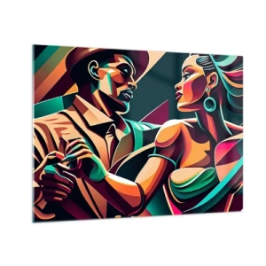 Impression sur verre - Image sur verre - Un couple coloré dansant dans un style art déco avec une expression dynamique. - 70x50cm - Au rythme du coeur - Décoration murale moderne pour le salon et la chambre ARTTOR