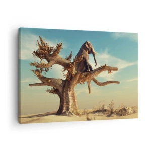 Impression sur toile - Image sur toile - Un éléphant assis sur un arbre dans un paysage surréaliste - 70x50cm - Nouveau point de vue - Décoration murale moderne pour le salon et la chambre ARTTOR