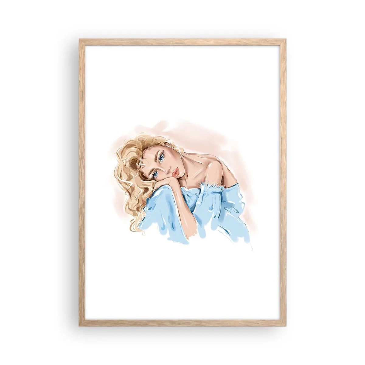 Affiche dans un chêne clair - Poster - Rêveuse en bleu - 50x70 cm