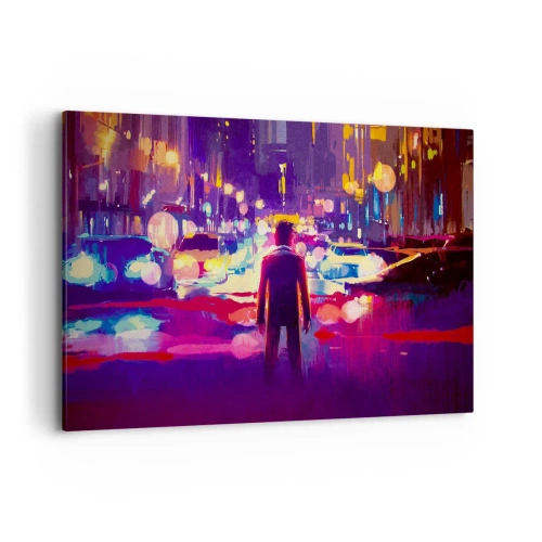Impression sur toile - Image sur toile - Un homme dans une scène nocturne de ville au néon - 120x80cm - Immergé dans la lumière - Décoration murale moderne pour le salon et la chambre ARTTOR