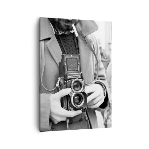 Impression sur toile - Image sur toile - Photo en noir et blanc d'un homme avec un appareil photo rétro - 50x70cm - Dans un style rétro - Décoration murale moderne pour le salon et la chambre ARTTOR
