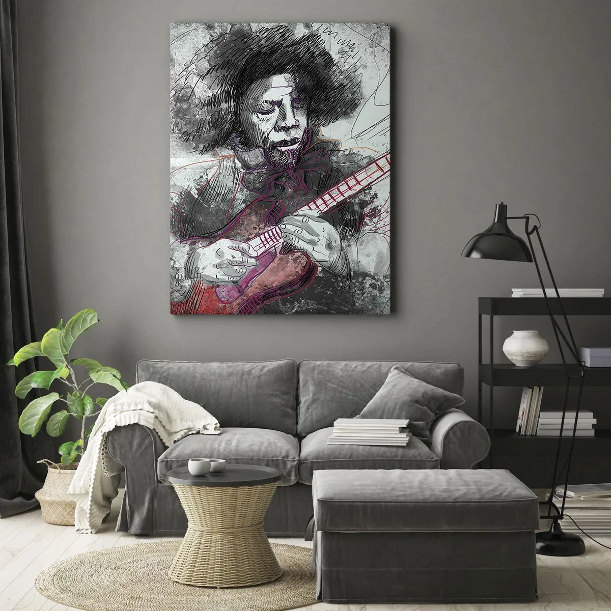 Impression sur toile - Image sur toile - Portrait artistique d'un guitariste en technique d'esquisse - 50x70cm - Sur les vagues de la musique - Décoration murale moderne pour le salon et la chambre ARTTOR