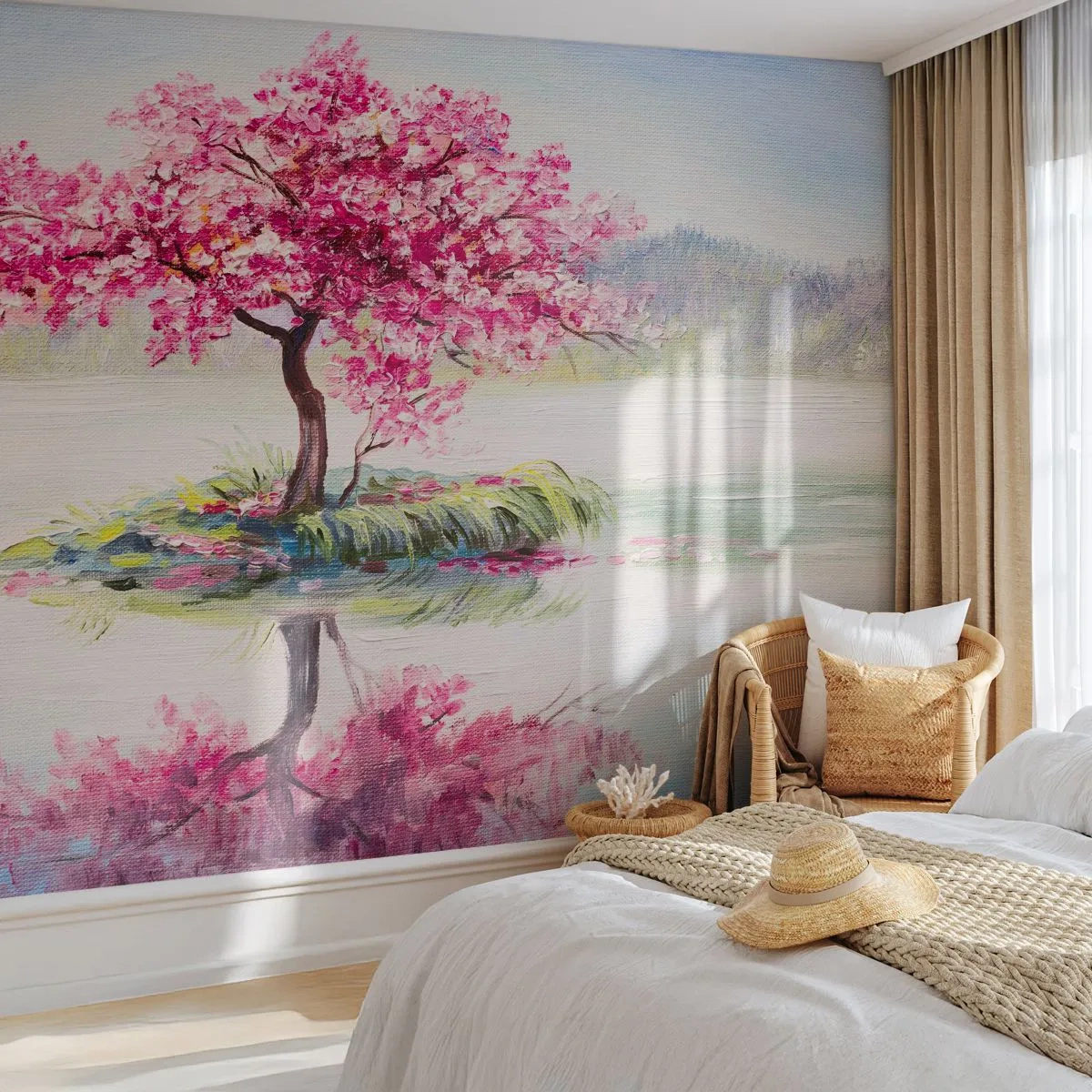 Papier Peint Photo Premium Sand - Un arbre en fleurs au bord de l'eau, reflété dans le lac - 100x70cm - Fête du Printemps - Décoration murale moderne pour le salon et la chambre ARTTOR