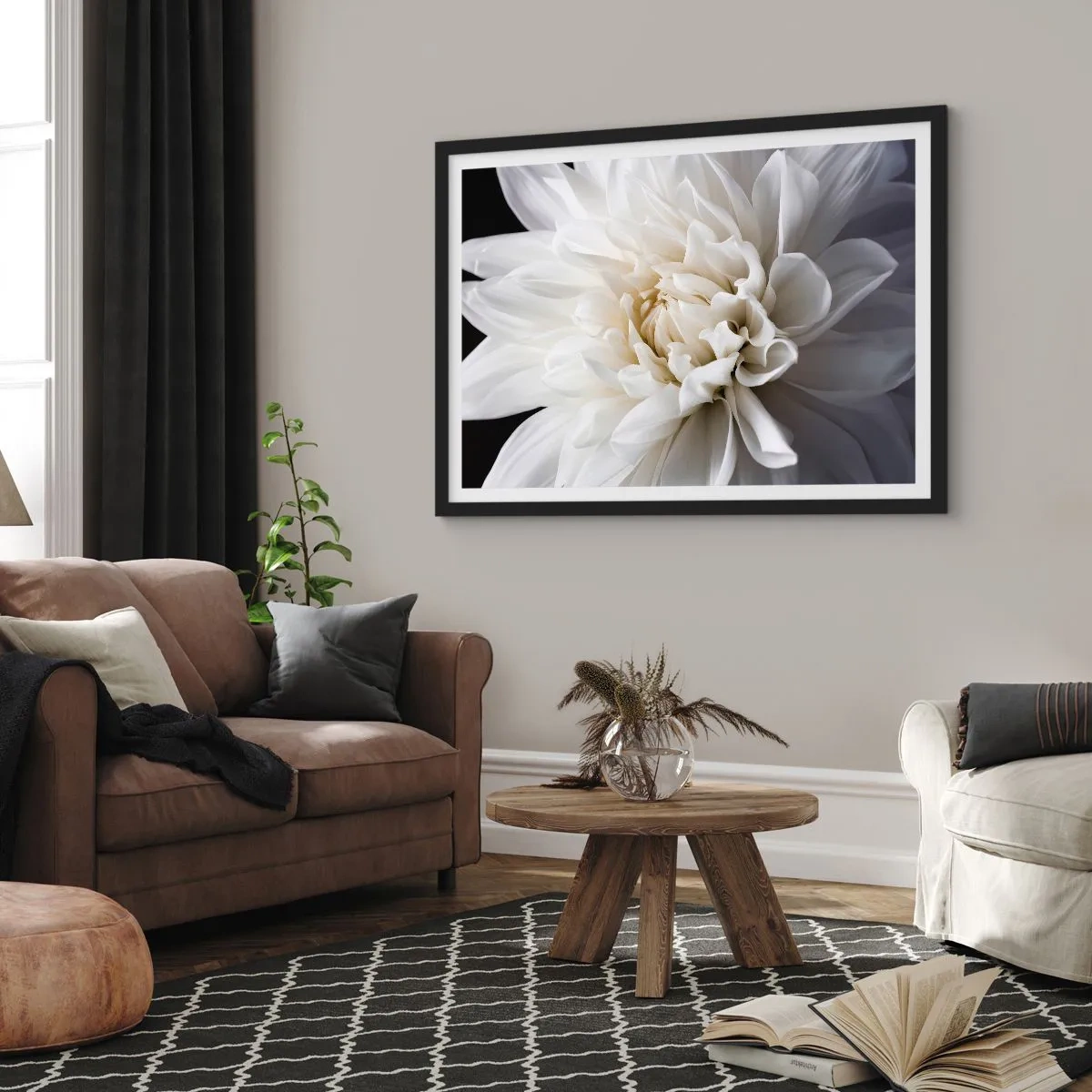 Affiche dans un cadre noir - Poster - Une délicate fleur blanche sur fond noir dans une composition élégante - 100x70cm - Le matin de la jeune mariéé - Décoration murale moderne pour le salon et la chambre ARTTOR