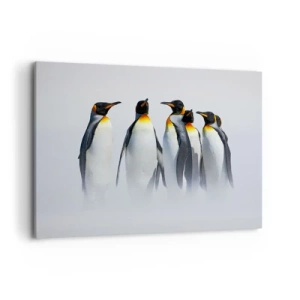 Impression sur toile - Image sur toile - Un groupe de manchots empereurs dans le brouillard hivernal - 120x80cm - Rencontre en robes de soirée - Décoration murale moderne pour le salon et la chambre ARTTOR
