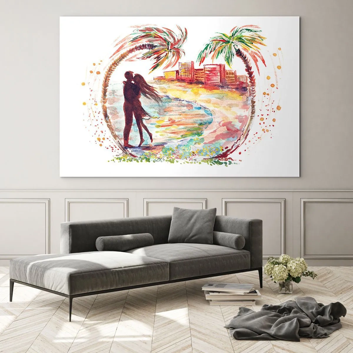 Impression sur verre - Image sur verre - Couple romantique dans un cadre tropical avec des palmiers - 70x50cm - Vacances romantiques - Décoration murale moderne pour le salon et la chambre ARTTOR