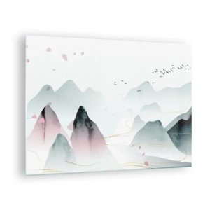 Impression sur verre - Image sur verre - Montagnes pastel avec une volée d'oiseaux volants et des lignes dorées - 70x50cm - Au-delà des sommets - Décoration murale moderne pour le salon et la chambre ARTTOR