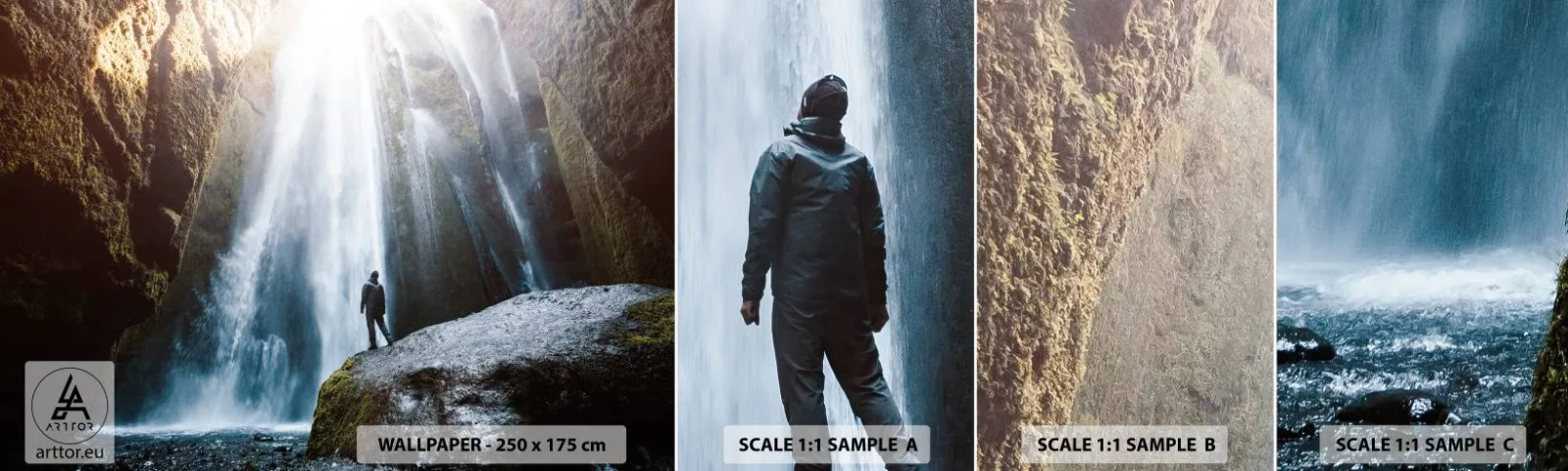 Échantillon De Papier Peint Standard Eco - Restauration des proportions - Cascade, Rochers, Grotte - 100x30 cm