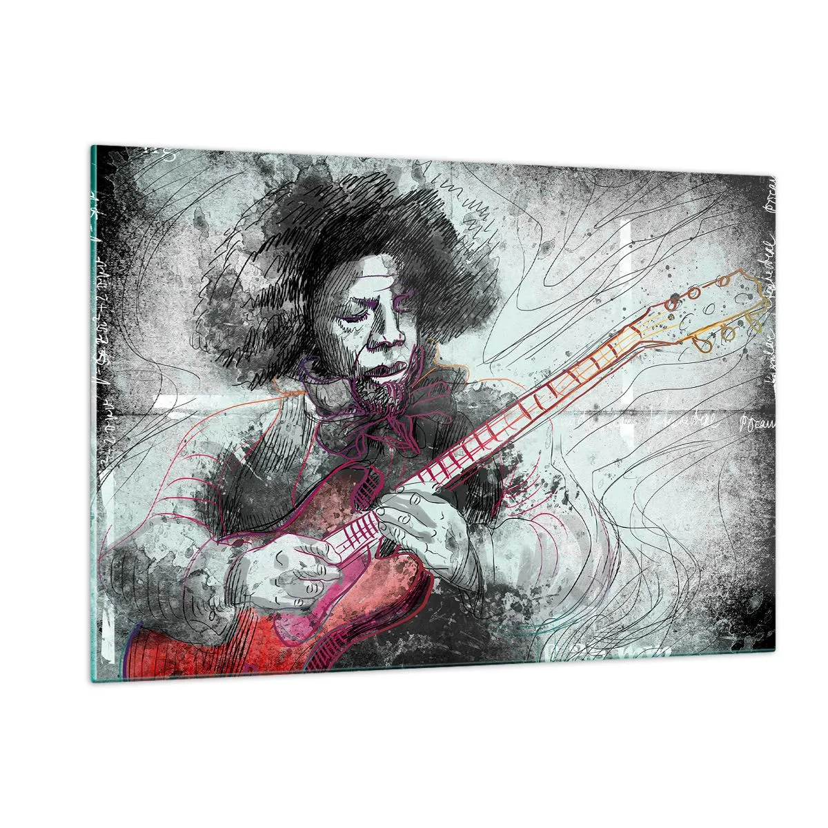 Impression sur verre - Image sur verre - Portrait artistique d'un musicien avec une guitare électrique - 120x80cm - Sur les vagues de la musique - Décoration murale moderne pour le salon et la chambre ARTTOR