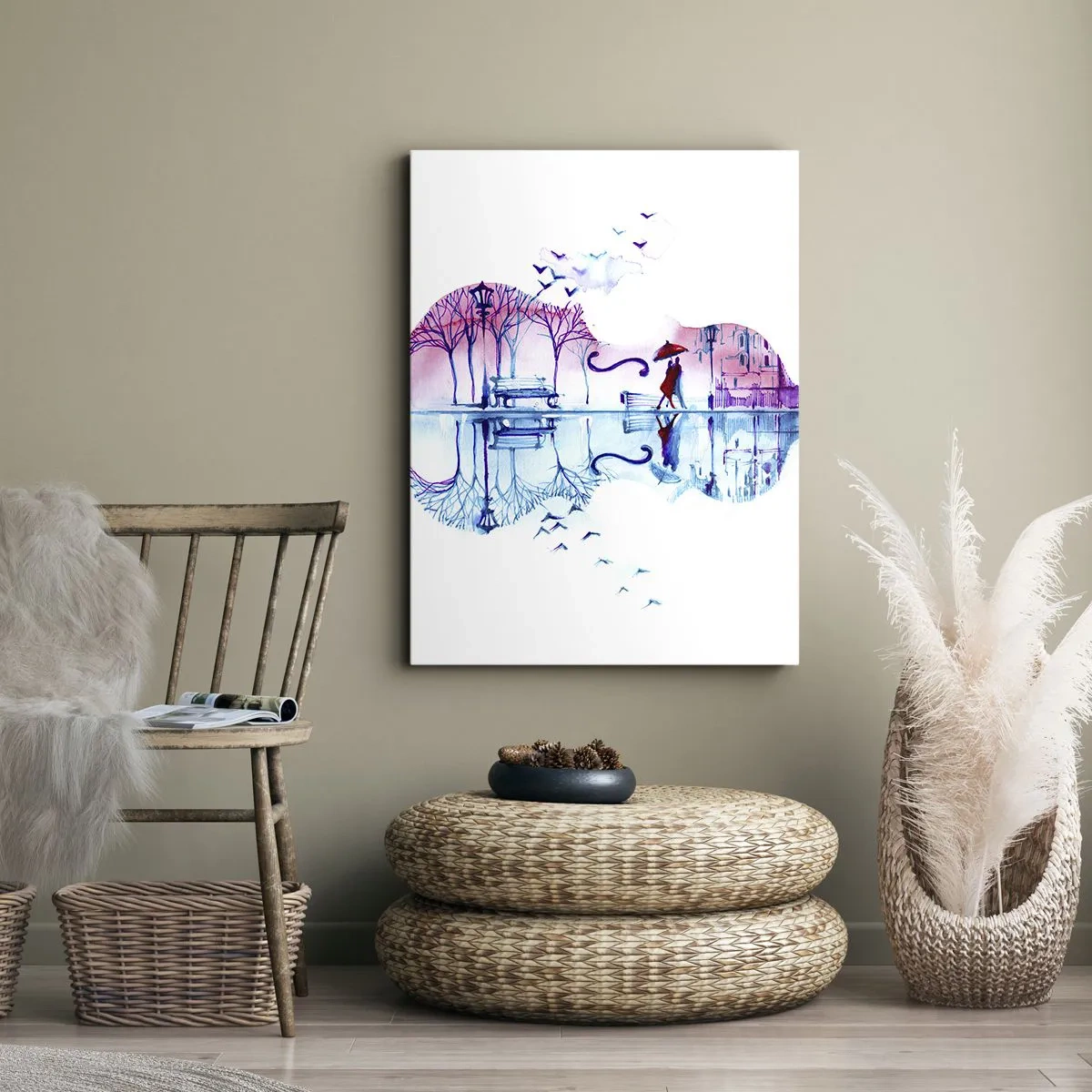 Impression sur toile - Image sur toile - Silhouette de ville en forme de violon aux couleurs aquarelles - 70x100cm - Je vous apporterai de cantiques de pluie - Décoration murale moderne pour le salon et la chambre ARTTOR