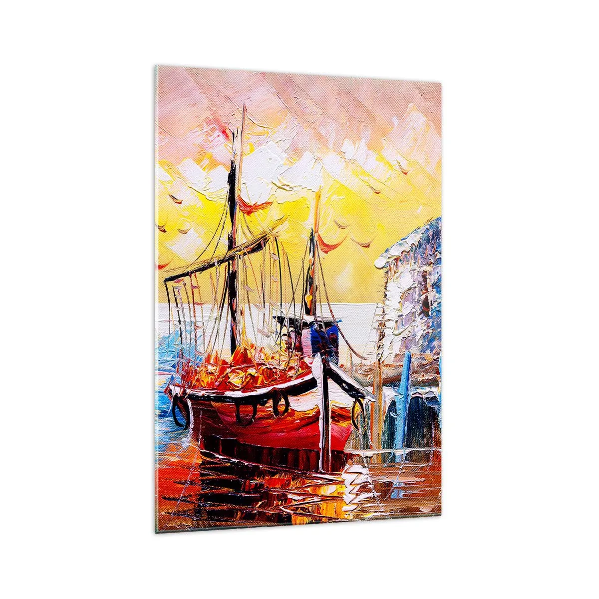 Impression sur verre - Image sur verre - Port pittoresque au coucher du soleil avec des bateaux de pêche - 70x100cm - Bon retour - Décoration murale moderne pour le salon et la chambre ARTTOR