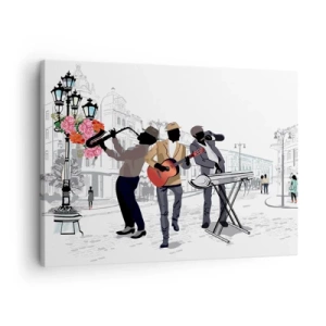 Impression sur toile - Image sur toile - Des musiciens de rue jouent dans un paysage urbain - 70x50cm - Musique de rue - Décoration murale moderne pour le salon et la chambre ARTTOR