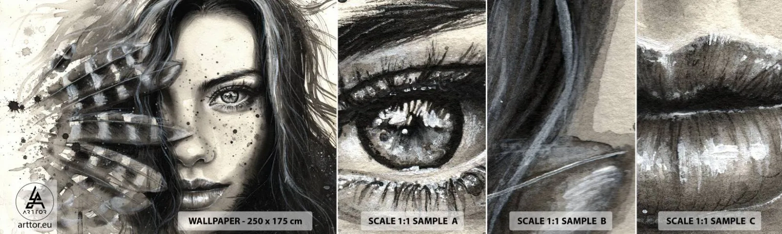 Échantillon de Papier Peint Autocollant Deluxe Sticker - Beauté sauvage - Femme, Plumes d'oiseaux, Graphique - 100x30 cm