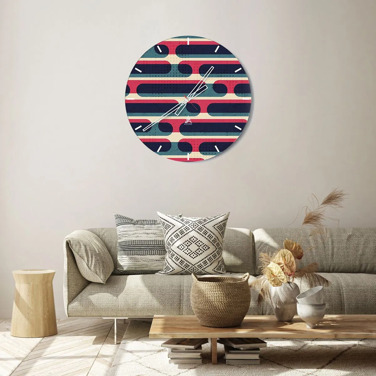 Horloge murale - Pendule murale - Motif rétro abstrait avec des rayures colorées - 30x30cm - En profondeur et sur l'avant - Décoration murale moderne pour le salon, la cuisine et la chambre ARTTOR