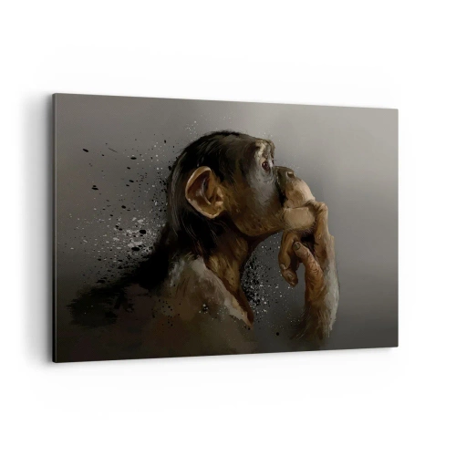 Impression sur toile - Image sur toile - Portrait d'un singe dans une pose réfléchissante sur fond gris - 120x80cm - Certainement un penseur - Décoration murale moderne pour le salon et la chambre ARTTOR