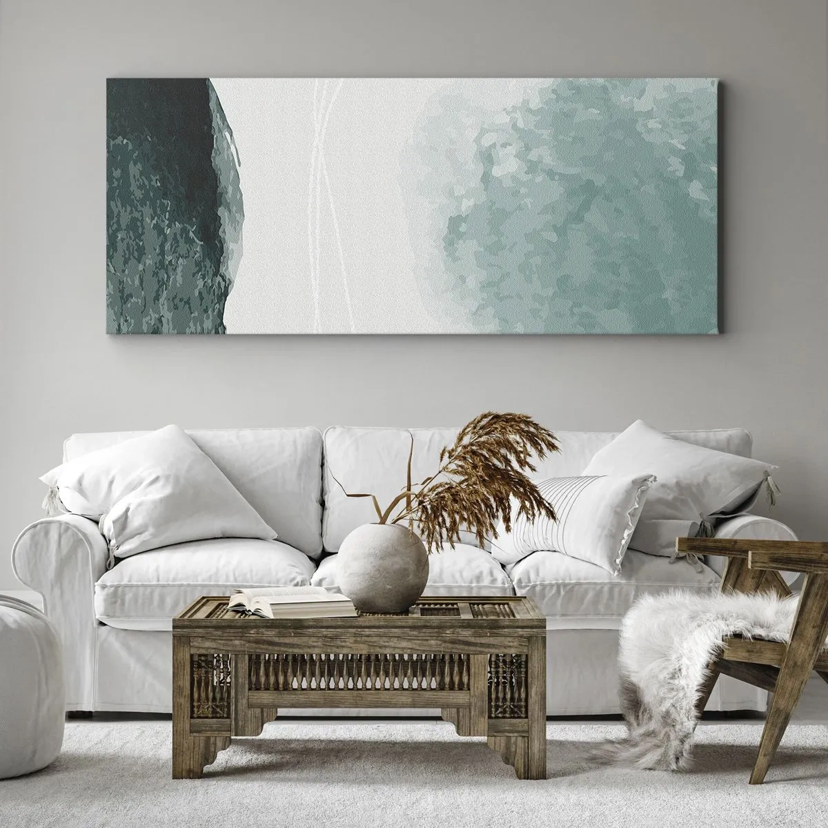 Impression sur toile - Image sur toile - Une délicate composition abstraite dans des tons de vert avec des formes subtiles sur un fond clair. - 120x50cm - Rencontre avec le brouillard - Décoration murale moderne pour le salon et la chambre ARTTOR