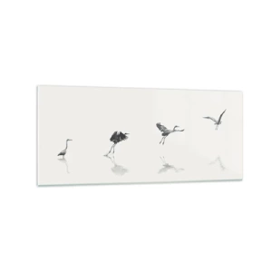 Impression sur verre - Image sur verre - Quatre silhouettes d'oiseaux se reflètent dans l'eau calme - 120x50cm - Quatre étapes simples - Décoration murale moderne pour le salon et la chambre ARTTOR