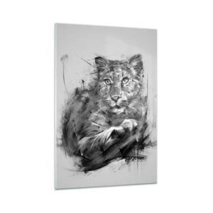 Impression sur verre - Image sur verre - Portrait noir et blanc d'un lion dans un style artistique avec des traits dynamiques. - 70x100cm - Oui, j'écoute attentivement - Décoration murale moderne pour le salon et la chambre ARTTOR