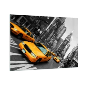Impression sur verre - Image sur verre - Des taxis jaunes sur fond de rues de ville en noir et blanc - 100x70cm - Gouttes de soleil New-Yorkaise - Décoration murale moderne pour le salon et la chambre ARTTOR