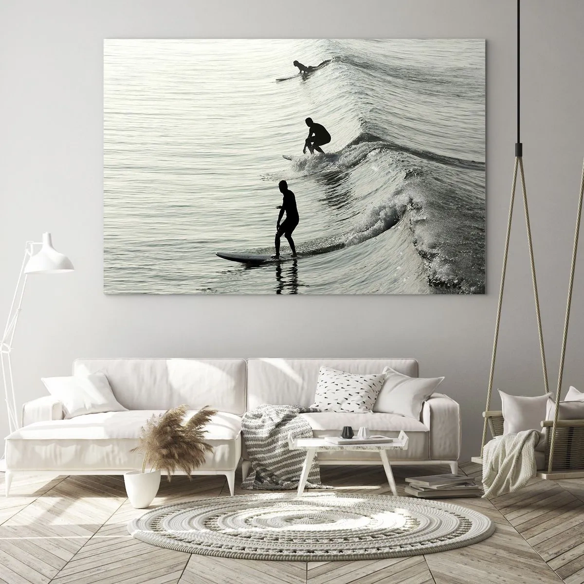Impression sur verre - Image sur verre - Trois surfeurs surfant sur les vagues le matin - 120x80cm - A la rencontre de la vague - Décoration murale moderne pour le salon et la chambre ARTTOR